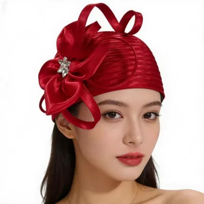 Cross-border European American-style Fashionable Womens Bow-decorated Rhinestone Lightweight Formal Bowler Hat 100% Cotton