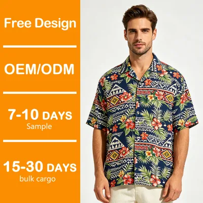 OEM Hawaiian Shirt Pure Cotton Fade Resistant Fabric Tropical Jungle Leaf Print Plus Size Design Custom Size Chart Garment