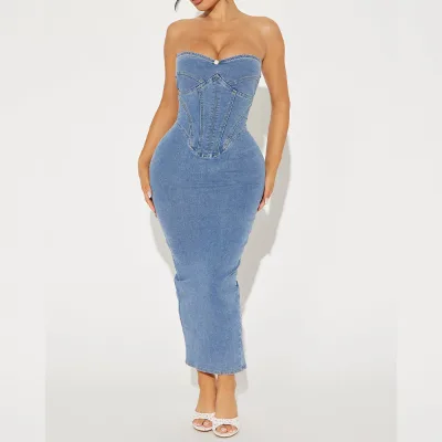 Strapless Denim Maxi Dress Women Corset Bodycon Jean Gown Undefined Abbigliamento Donna Wholesale Retro Blue Clothing
