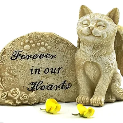 Cat Angel Pet Memorial Grave Marker Tribute Statue Polyresin Stone Finish Sympathy Forever in Our Hearts