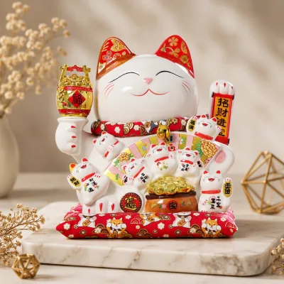 Traditional Japanese 11 Inch Large Ceramic Lucky Cat Wealth Fortune Attracting Desk Decor Christmas Home Decoration