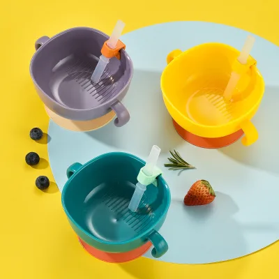 Toddler Feeding Bowl Anti Drop Baby Snack Bowl Food Grade PP Baby Suction Bowl With Silicone Straw