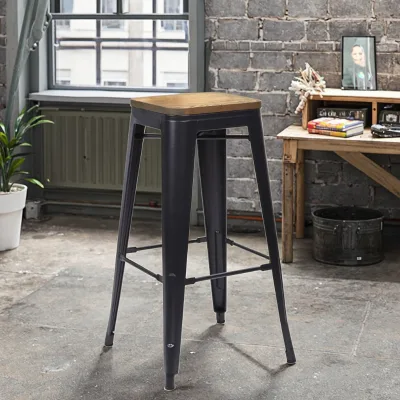 Highback Bar Stool with Wooden Seat Stackable Industrial Design Dining Chair for Home Bar Cafe Hotel Kitchen Low Price