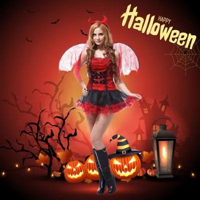 Women Red Devil Dress With Horn Halloween Party Cosplay Beautiful Devil Costume Sexy Devil