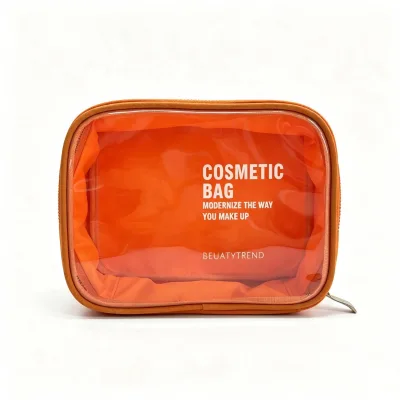 Personalized Orange Polyester Transparent Waterproof PVC Travel Toiletry Organizer Zipper Makeup Pouch Cosmetic Bag with Logo