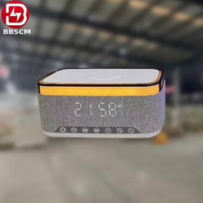 Custom Modern Desk Led Colorful Light Digital Alarm Clock Radio Music Speaker Alarm Clock With Wireless Phone Charging