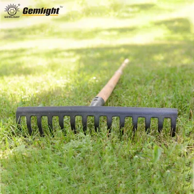 14-tine Fiberglass Shaft Bow Rake Yellow Black Steel Garden Tool with Painted Wooden Handle for Wood Working Landscape Raking