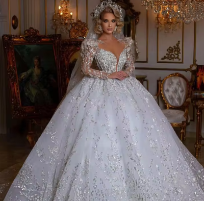 Ball Gown Wedding Dresses Bride Long Sleeves Lace Appliqued Bridal Gowns Luxurious