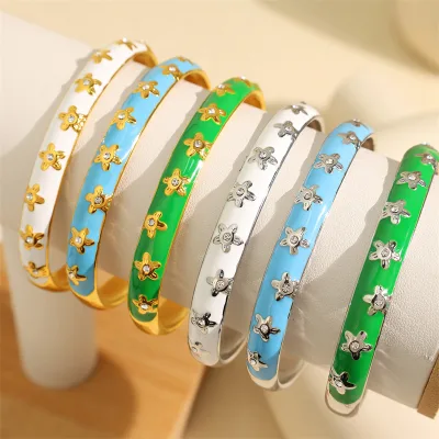 Stainless Steel Flower Trendy Gold Plated Colorful Enamel Inlay Rhinestone Cuff Bracelet Females Bangle for Wedding