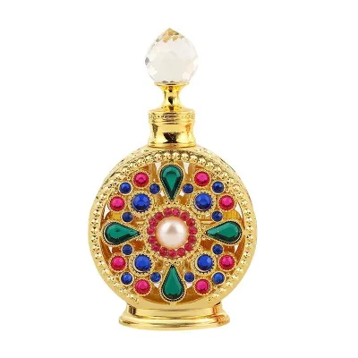 Luxury Middle Eastern Style Jeweled Metal Wrapped Glass Perfume Bottle Colorful Rhinestone Pearl Attar Essential Oil Bottle