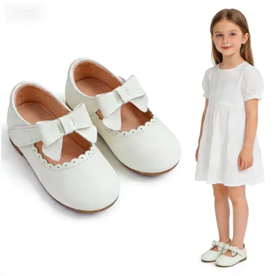 White Dress Shoes Bow Decor Mary Jane Scalloped Edge Adjustable Strap Comfortable Party Shoes
