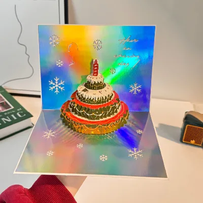 Holographic 3D Birthday Cake Pop up Musical Greeting Card Laser Cut Greeting Card with Snowflake Design Unique Birthday Gift
