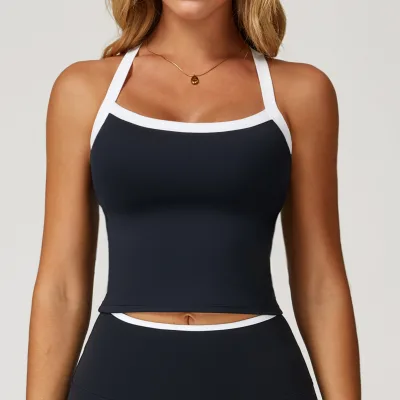 Women Sculpt Fit Color Contrast Yoga Top Cutout Back Studio Running Activewear 2027