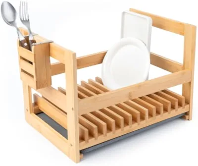 Bamboo Dish Drying Rack with Utensil Holder Wooden Dish Drying Rack Functional Kitchen Organizer