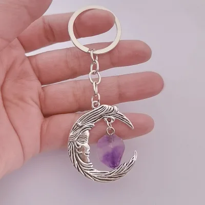 Wholesale Fashion New Gothic Crescent Moon Keychain Pendant with Healing Purple Stone Witchy Spiritual Bag Charm Key Ring