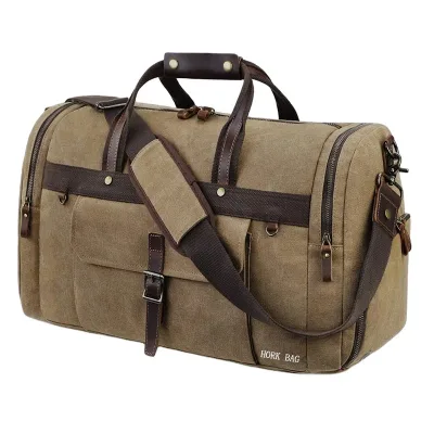 Waterproof Oversized Travel Duffel Bag Genuine Leather Carry on Weekend Bag Canvas Overnight Bag for Men