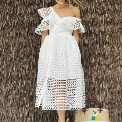 BH657 Women's Casual Dress Plus Size S to 5XL Short Sleeve Natural Waistline Hollow Out Lace Fashionable