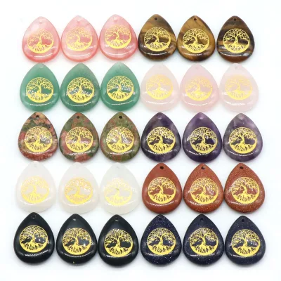 Hand Carved Water Drop Shaped Natural Stone Golden Tree of Life Pendant Fashion Gemstone Charms Pendant for DIY Jewelry Making