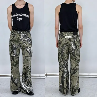 YIJIA Track Stacked Straight Leg Heavyweight Denim Cotton Camouflage Cargo Baggy Jeans Real Tree Camo Cargo Pants