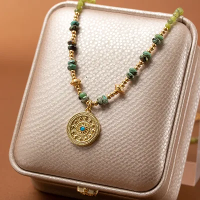 Hot Sale 18K Gold Plated Copper Round Coin Pendant Necklace Artificial Turquoise Natural Stone Beaded Chain Vintage Bohemian