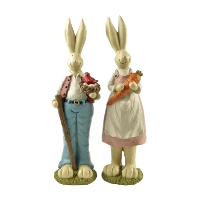 Wholesale Products Easter 9.06 Inches S/2 Couple Bunnies W/ Bird Nest & Carrot Home Decoration Polyresin Rabbit Statues
