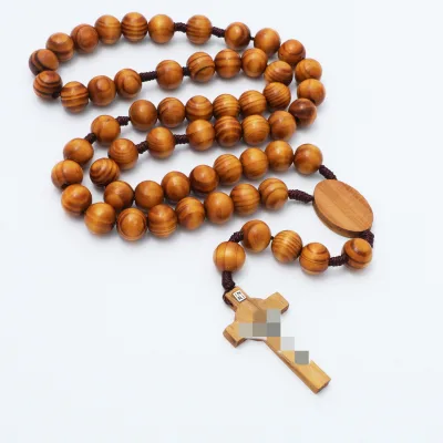 Vintage 12mm Pine Wood Rosary Necklace 59 Beads Hand Knotted Cord Cross Pendant Catholic Religious Prayer Wall Hanging Ornament