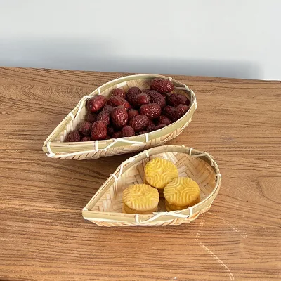 Wholesale Handmade Bamboo Rattan Table Bamboo Plate Decor Afternoon Tea Dessert Fruit Cake Bamboo Storage Basket