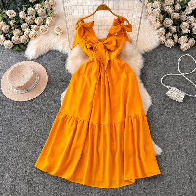 Summer Bow Tie Halter Dress Woman Seaside Holiday Beach Long Fairy A-Line Dresses Yellow Evening Gown