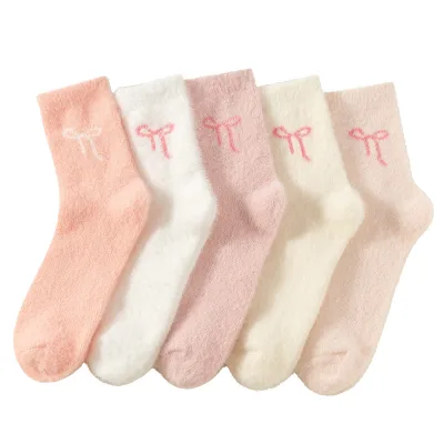 Fluffy Socks with Bow Women's Winter Thickened Mink Fleece Mid-Calf Socks Cute Sweet Warm Sleep Socks