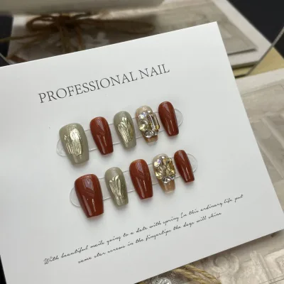 Wholesale press on nails diamond-studded nail art Soldering patch Deep wine red press on nails with glue