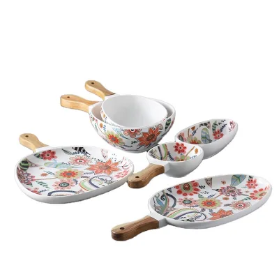 Durable Matte Hand Painted Flower Porcelain Steak Dinner Plate Beef Plate With Wooden Handle