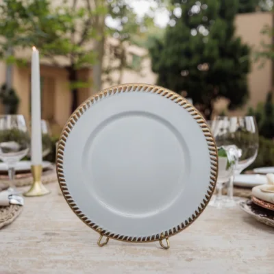 Custom Classic Colored Smooth Surface Plastic Charger Plate with Plant Pattern Handpainted Finish and Gold Rim