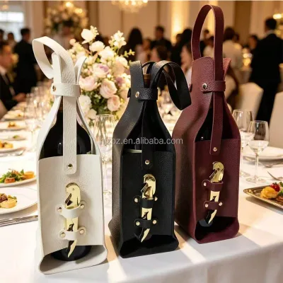 Elegant Leather Wine Bottle Carrier for Weddings & Gifts - Gold Opener Accent Multiple Colors - Banquet Essential