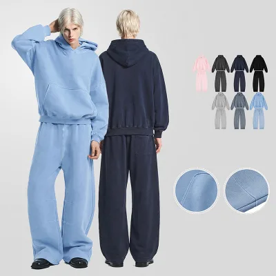 Men's Casual Heavyweight 100% Cotton Washed Hoodie Set Baggy Scissor-Leg Pants BOXY Hoodie Two-Piece Set Winter Men Clothing