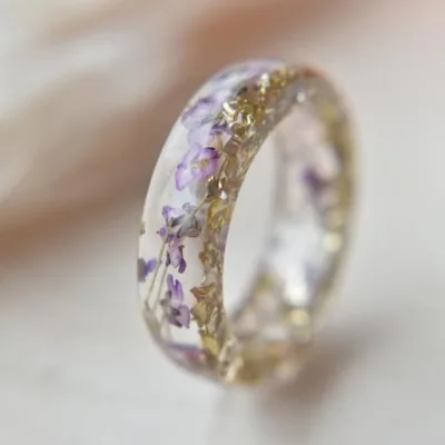 Resin Flower Ring for Women Purple Dried Flower Ring Silver Metal Band Romantic Nature Gift