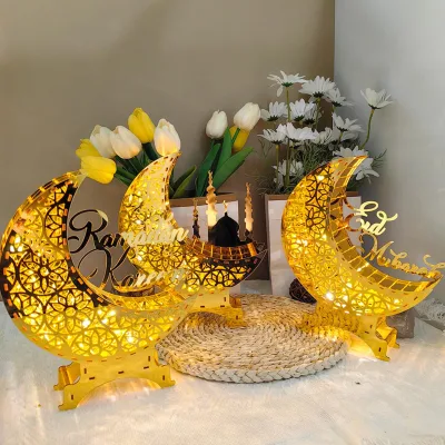 Hot Selling Wholesale Price Islam Style Golden Acrylic Moon Star Light Ramadan Lanterns for Desktop Decoration
