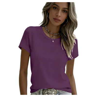 High Quality Women's Casual Polyester T-Shirt Solid Color Short Sleeve Crew Neck Basic Tee