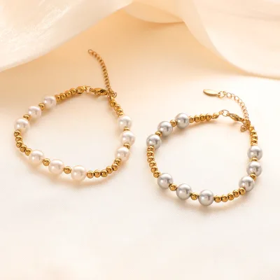 Wholesale Trendy Charm Boho Bohemian Beach Gold Color Beaded Bracelet High Quality  Stainless Steel Imitation Pearl Bracelet