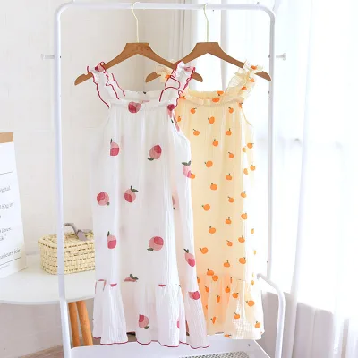 Summer Lovely Fruit Print Sleeveless Women Nightdress Cotton Nightgown for Women and Girls