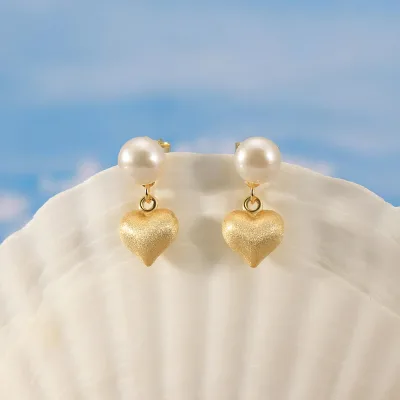 Chunky Heart Pendant Round Freshwater Pearl 925 Silver Earrings Heart Dangle Drop Stud Earrings for Women