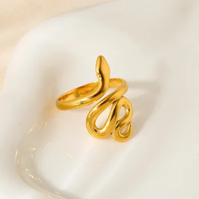 18k Gold Plated Stainless Steel Non Tarnish Open Adjustable Snake Shape Ring for Women