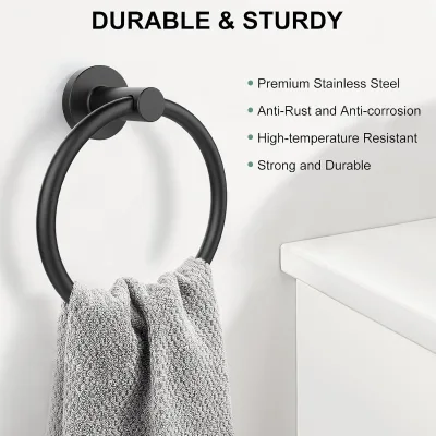 Modern Design Bathroom Engineered Black Stainless Steel Durable Wall Mount Eco-Friendly Towel Ring Holder