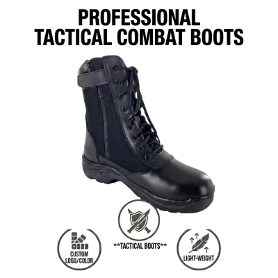 High Quality Side Zip Black Leather Anti-slip Waterproof Tactical Security Boots for Men's Outdoor Use with Custom Logo