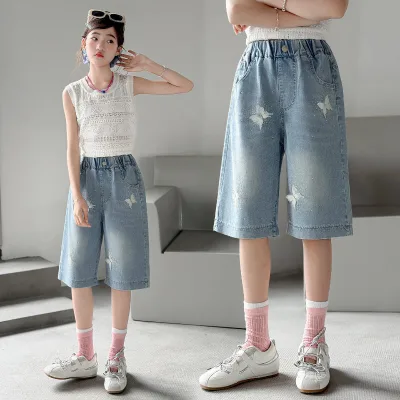 Summer New Arrival Girls' Cotton Denim Capri Pants Shorts Korean Thin High Waist Elasticity Closure for Older Girls Middle