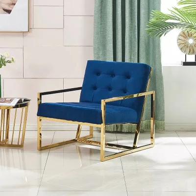 Luxury Navy Blue Single Sofa Modern Armchair with Gold Metal Frame for Dining or Living Room Velvet Hotel Accent Chairs