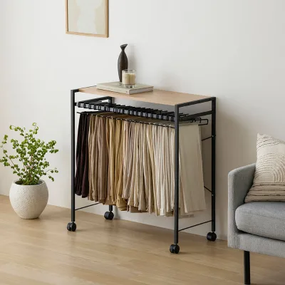 Mobile Pants Rack with Wooden Top Metal Rolling Trouser Storage Organizer with Wheels for Closet Bedroom