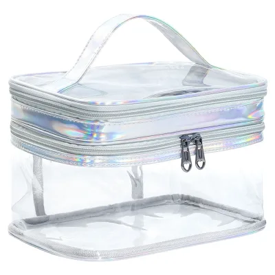 Cute Lady Iridescent Water Resistant Cosmetic Case Clear PVC Soft Handle Portable Zipper Bag Sparkly Glitter