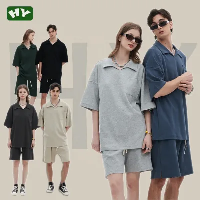 2024 New Fashion Men Set Breathable Waffle Polo T Shirts and Shorts for Men Oversize Loose Men's Set