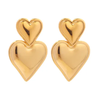 Luxury Trendy Double Heart 18K Stainless Steel Gold Plated Silver Plated Smooth Love Titanium Drop Earrings