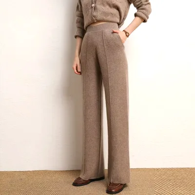 Design Winter Women Cashmere Wool Knit Pants Warm Soft Pocket Leggings Pants